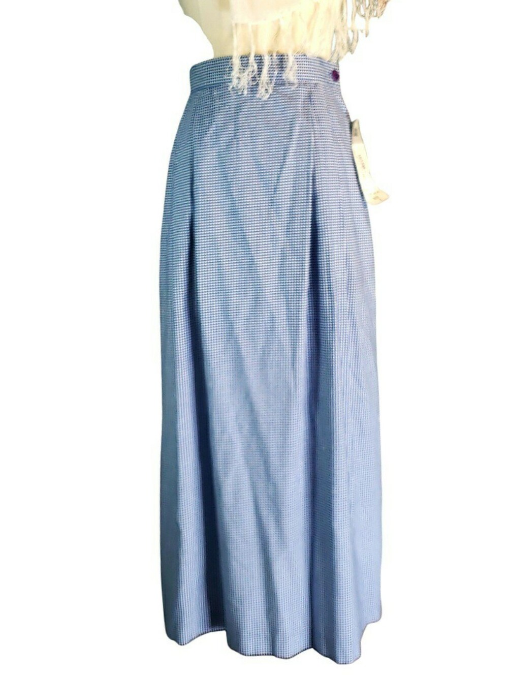 Vintage Lucia Light Blue White Checked Maxi Skirt Deep Inverted Pleats Cottage S